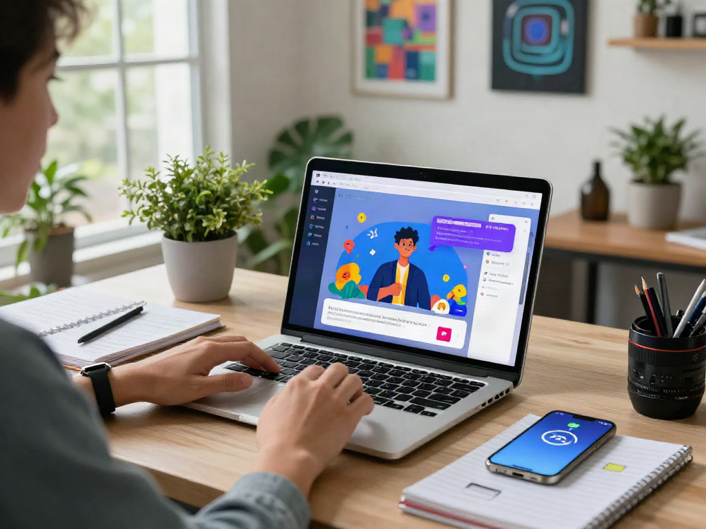Engaging in ai chat nsfw on a sleek laptop surrounded by a vibrant workspace, depicting a modern communication setting.