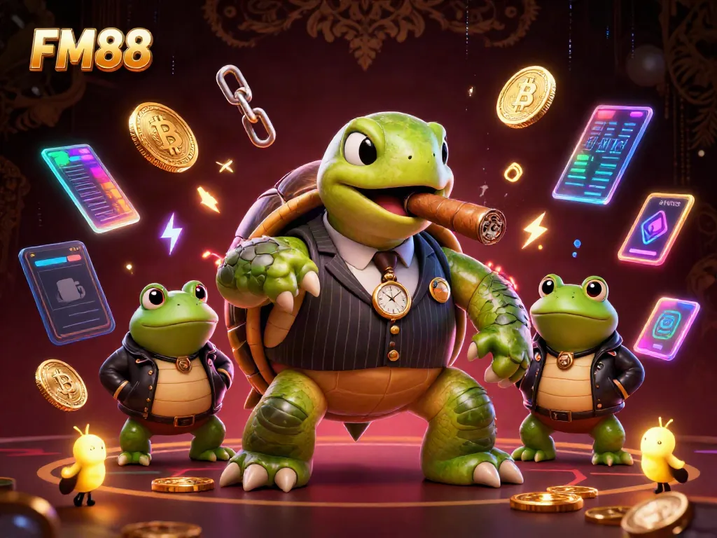 FM88 showcases a vibrant casino scene with a mobster turtle and bullfrog enforcers, celebrating gambling culture.