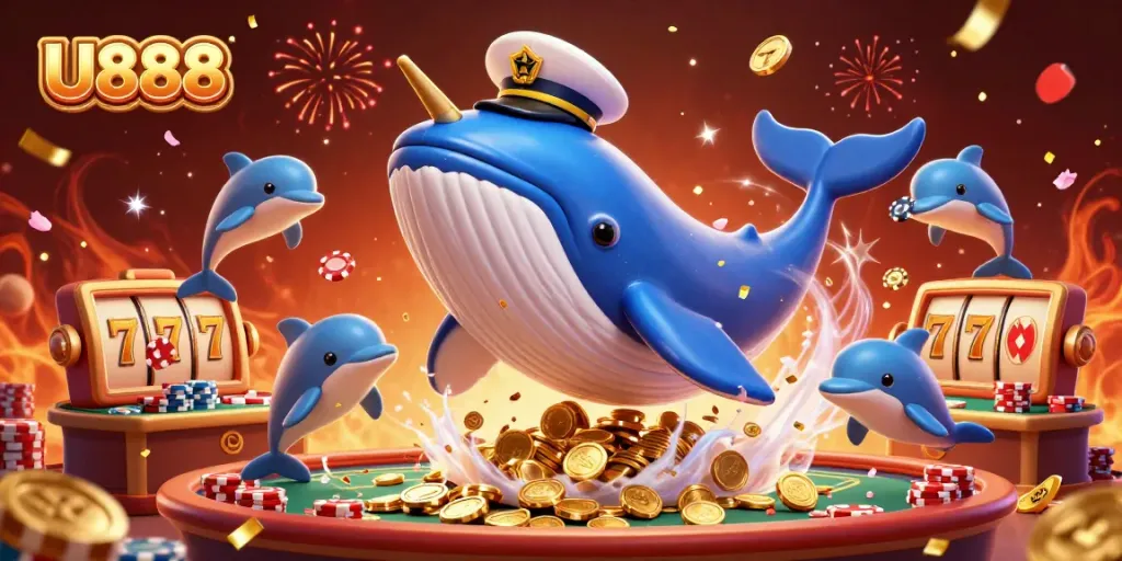 Experience the excitement of U888 with a vibrant 3D casino scene featuring a whale and dolphins.