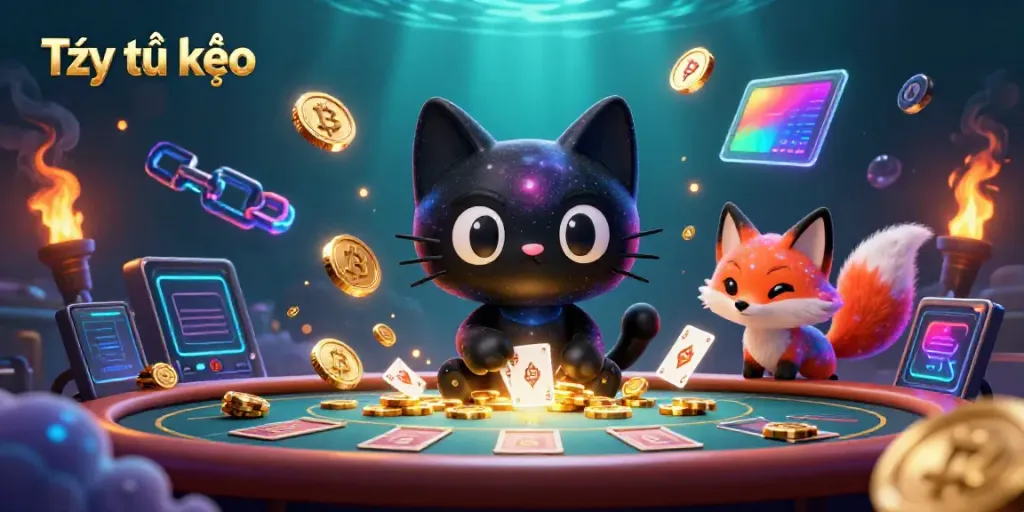 Engaging scene depicting Tỷ lệ kèo with a cosmic cat and fox, gathered at a casino table surrounded by vibrant betting elements.