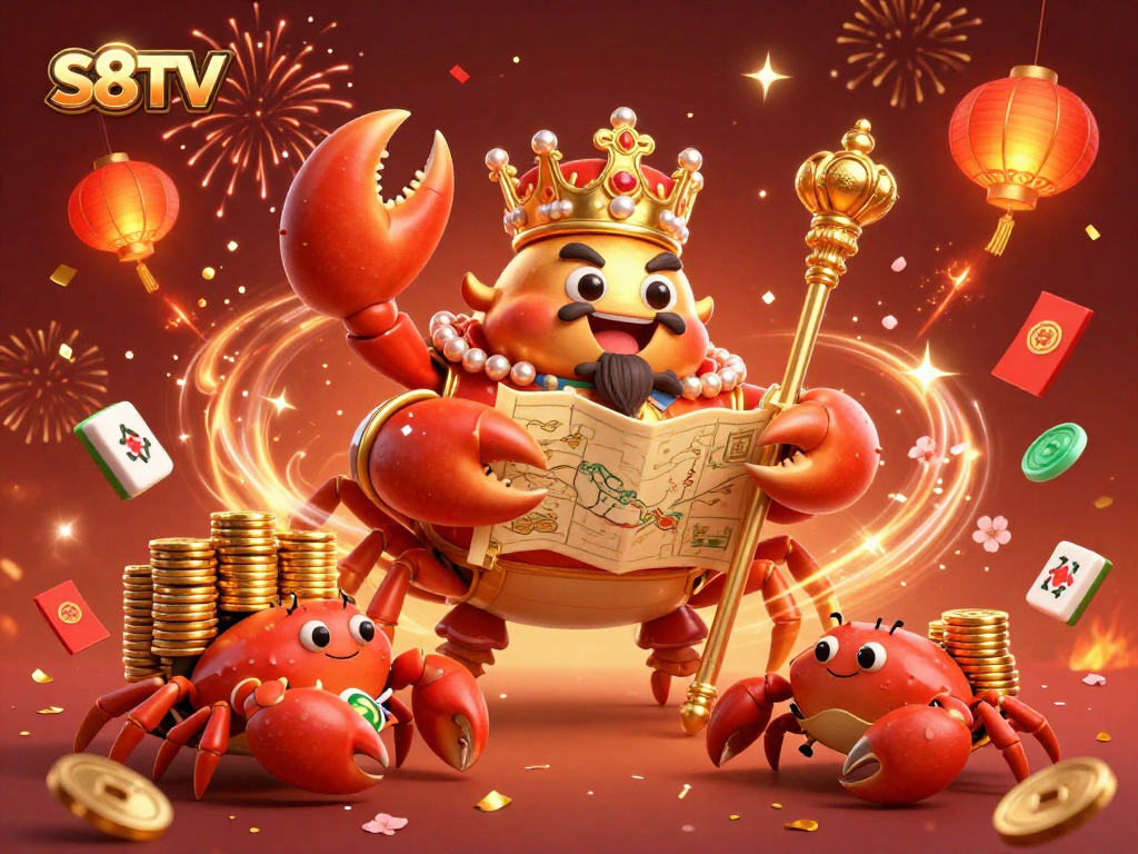 S8TV showcases a grand golden crab emperor with a scepter in an animated gambling celebration.