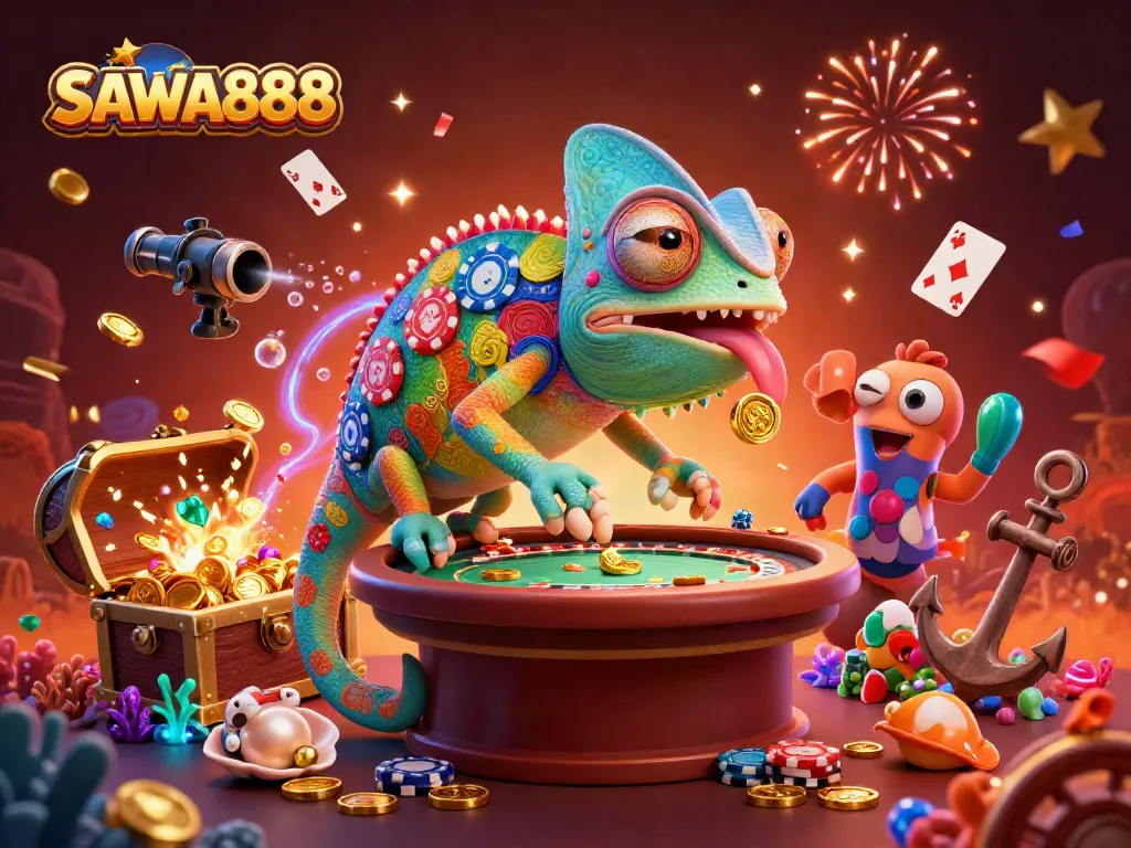 Catch the excitement of SAWA888 with a vibrant chameleon casino owner in a dazzling 3D illustration.