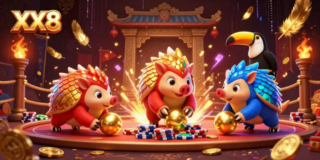Engage in thrilling gameplay with XX8 as rival pangolins compete in a vibrant casino setting filled with excitement.