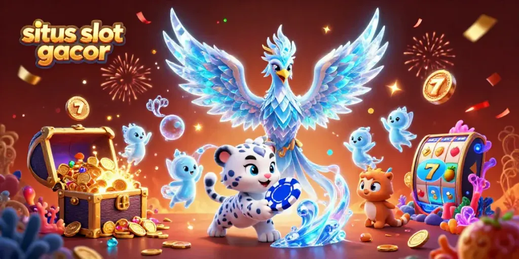 Experience the thrill with situs slot gacor illustrated by an ice phoenix and slot elements.