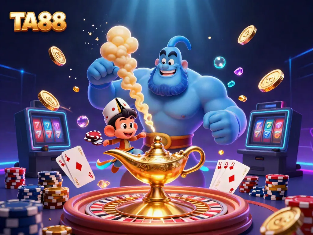 Engage with TA88's thrilling casino atmosphere featuring a genie, monkey, and poker elements.