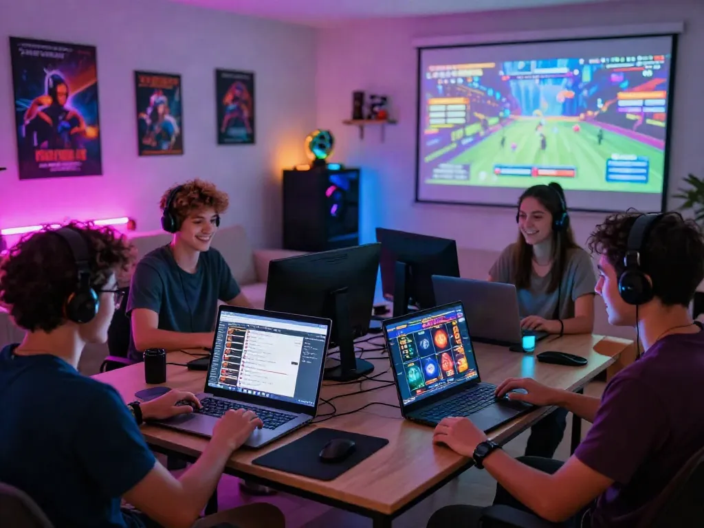 Group enjoying a lively slot gaming session at home, with colorful game displays and modern decor.