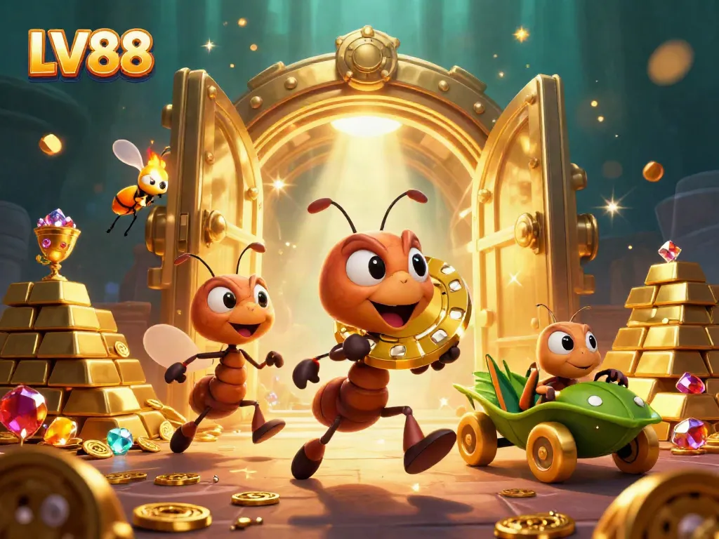 LV88 ants joyfully racing with a giant poker chip, showcasing a vibrant casino heist atmosphere.