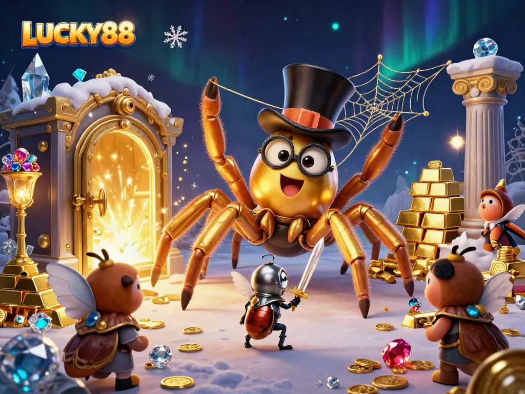 LUCKY88 showcases a golden tarantula and knight in a vibrant casino-themed illustration.