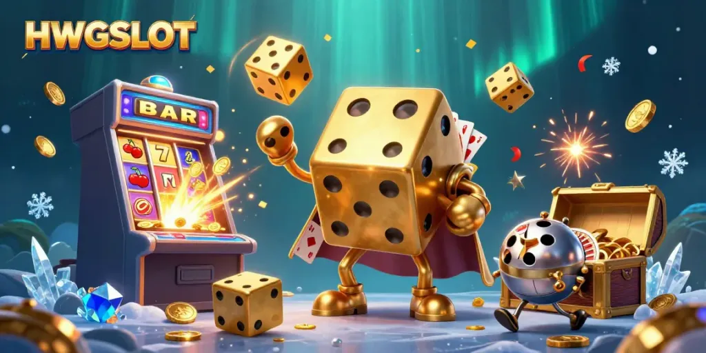 Experience thrilling slots action with HWGSLOT's vibrant 3D illustration featuring dynamic casino elements.