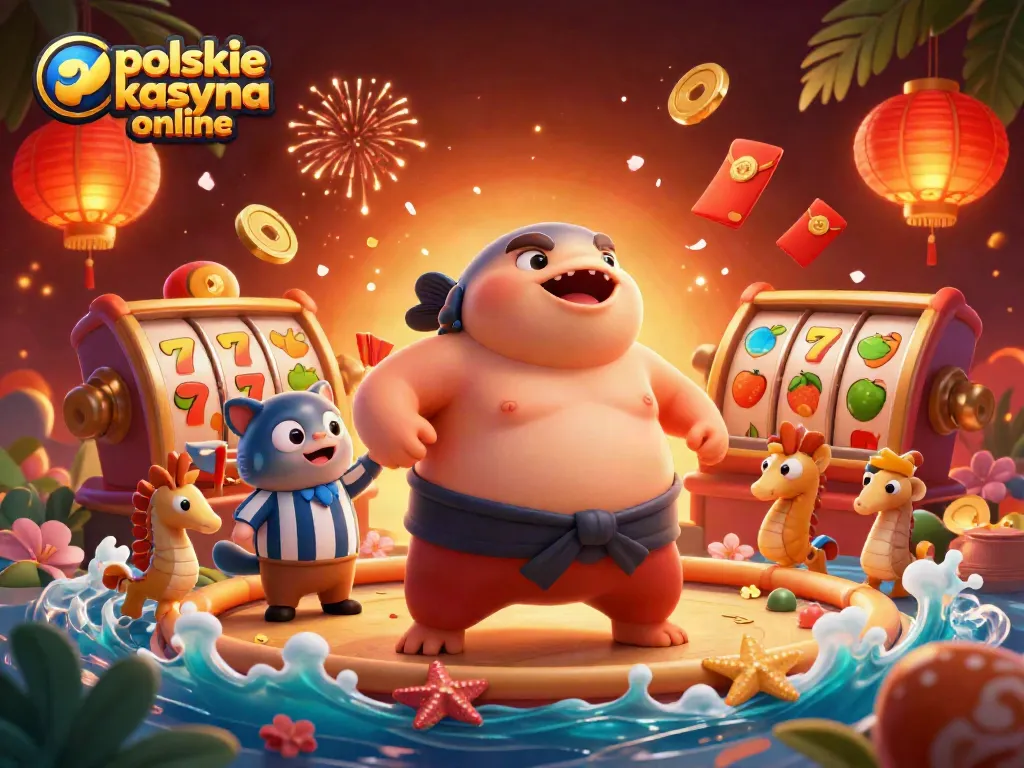 Experience the excitement of polskie kasyna online with this vibrant 3D casino scene featuring a fugu in a sumo belt and festive elements.