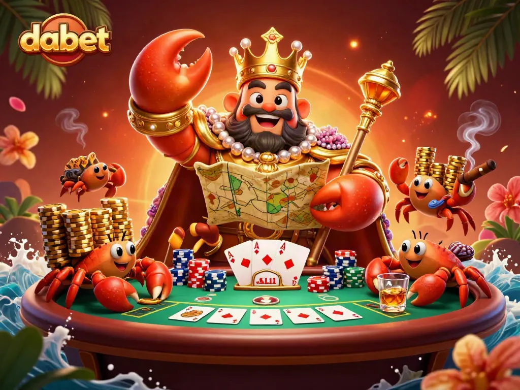 Dabet players enjoying a dynamic poker scene with a golden crab emperor and vibrant casino elements.