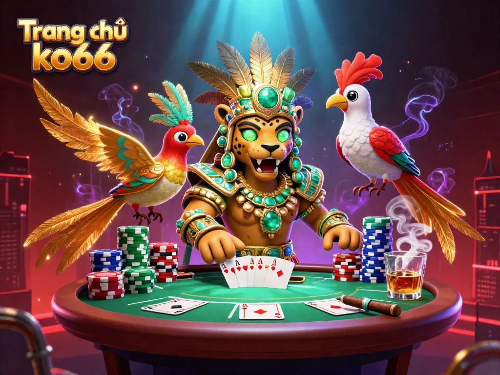 Experience the excitement of Trang chủ ko66 with vibrant gaming action featuring poker elements and a mystical backdrop.