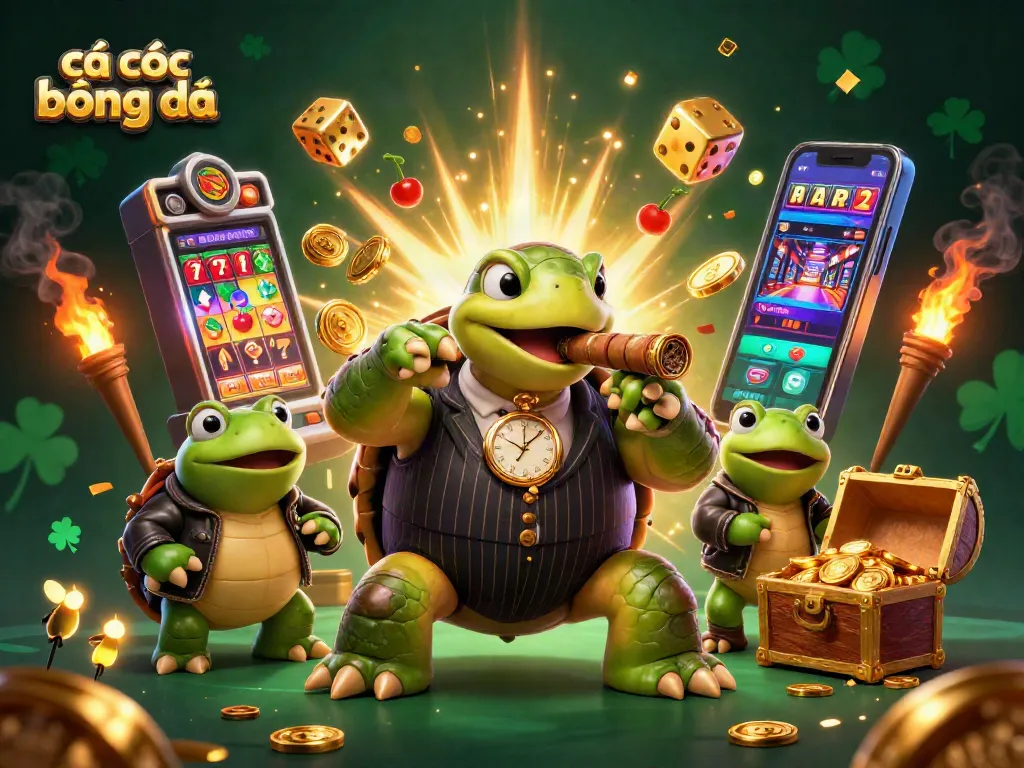 Engage in cá cược bóng đá with a dynamic scene featuring a massive snapping turtle mobster and bullfrog enforcers amidst casino elements.