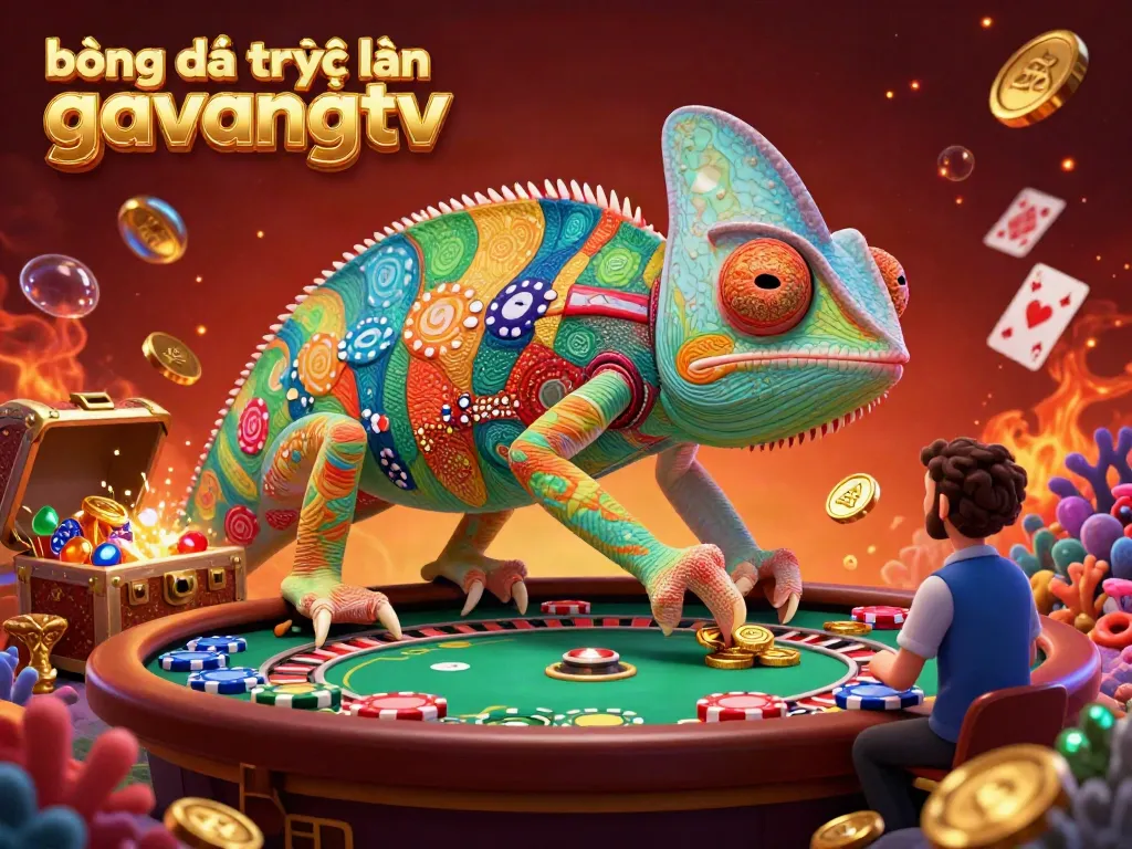 Engage with bóng đá trực tuyến gavangtv in a lively casino illustration, featuring a vibrant chameleon owner and immersive game elements.