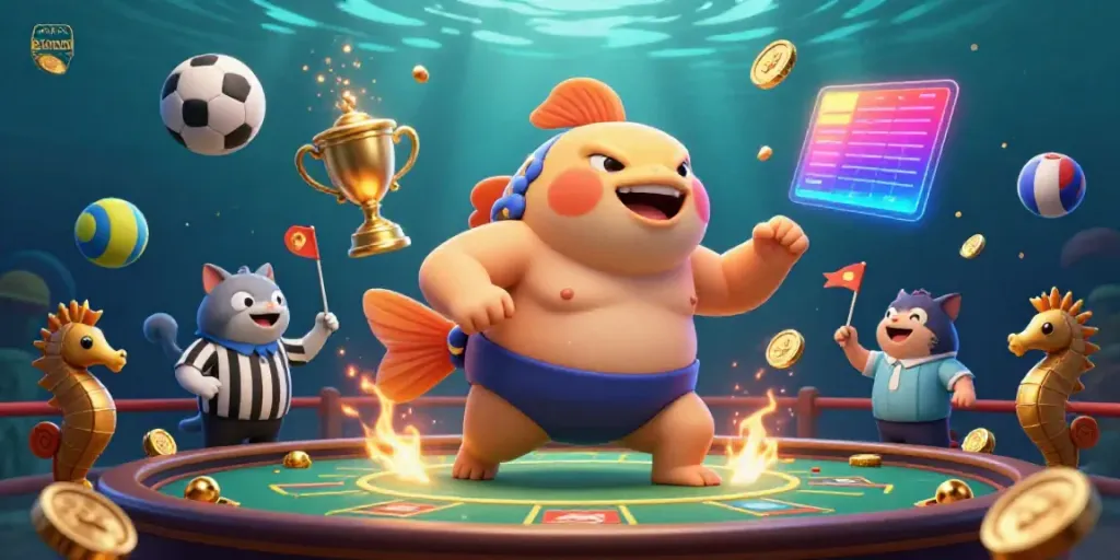SUNWIN’s immersive casino illustrated scene featuring a blowfish in sumo attire, engaging audiences with thrilling sports elements.