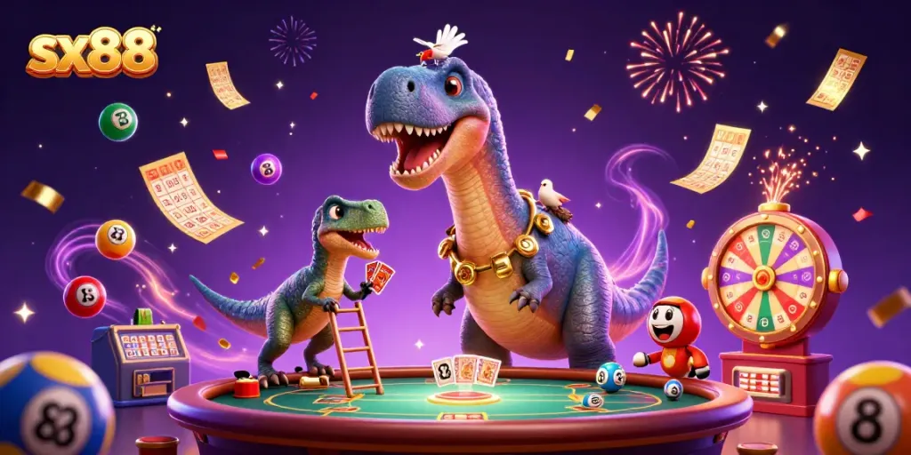 Suspend your disbelief and play with sx88 in this vibrant, whimsical casino scene filled with excitement.