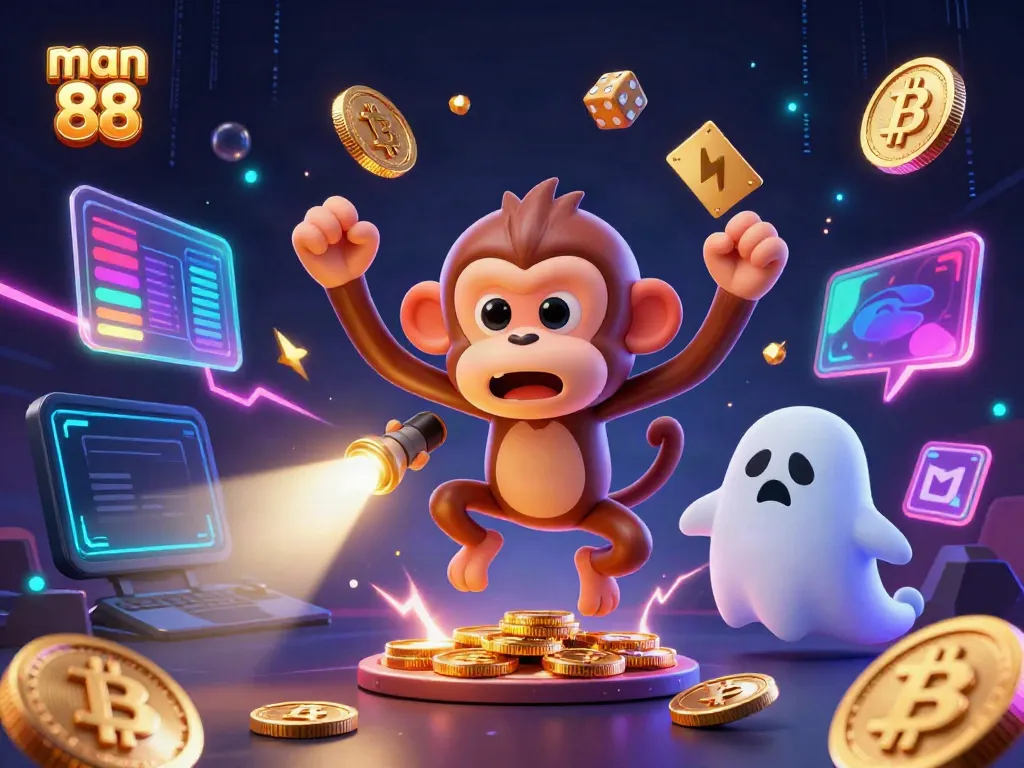 Engage with man 88 in this vibrant haunted casino scene featuring a mischievous monkey juggling coins.