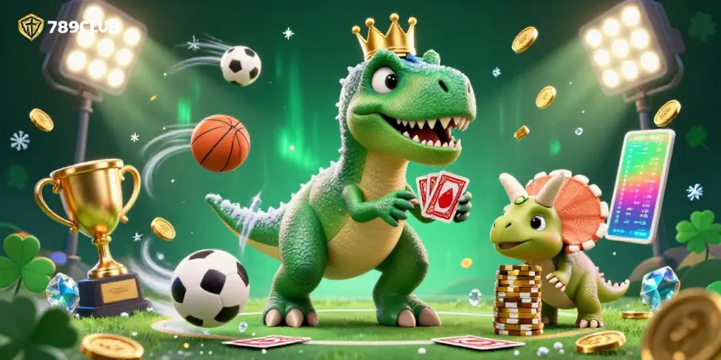 Engage in thrilling gameplay at 789CLUB with cartoon dinosaurs shuffling cards and stacking chips.