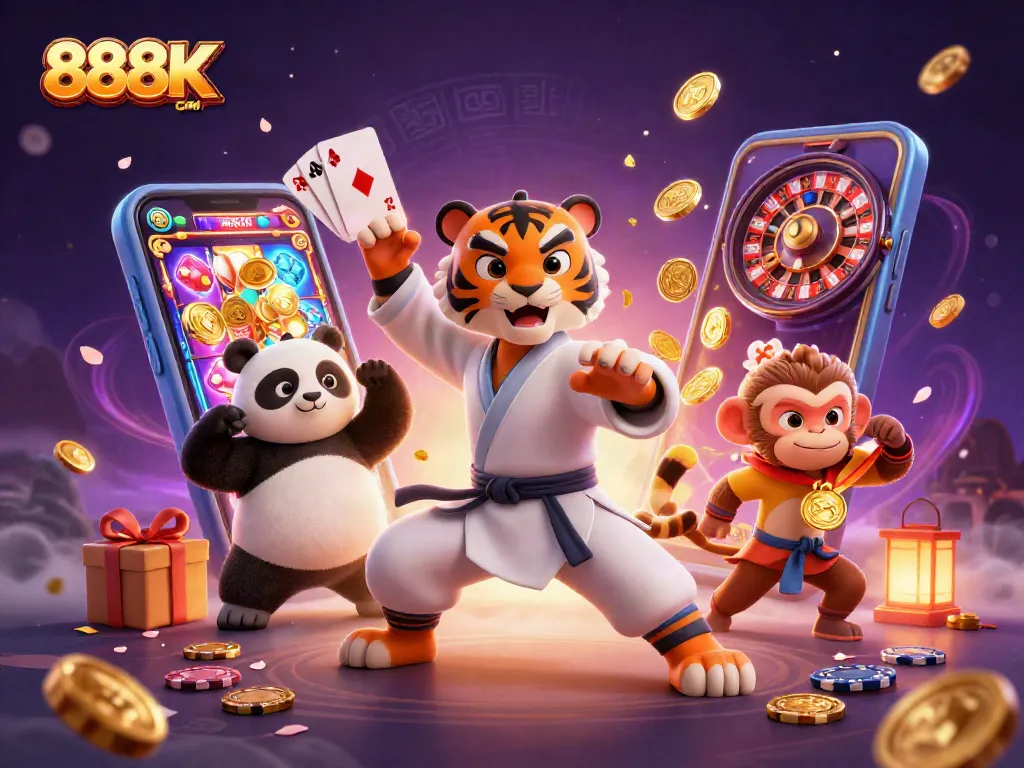 Experience thrilling games at 888K COM, featuring action-packed characters in a vibrant casino environment.