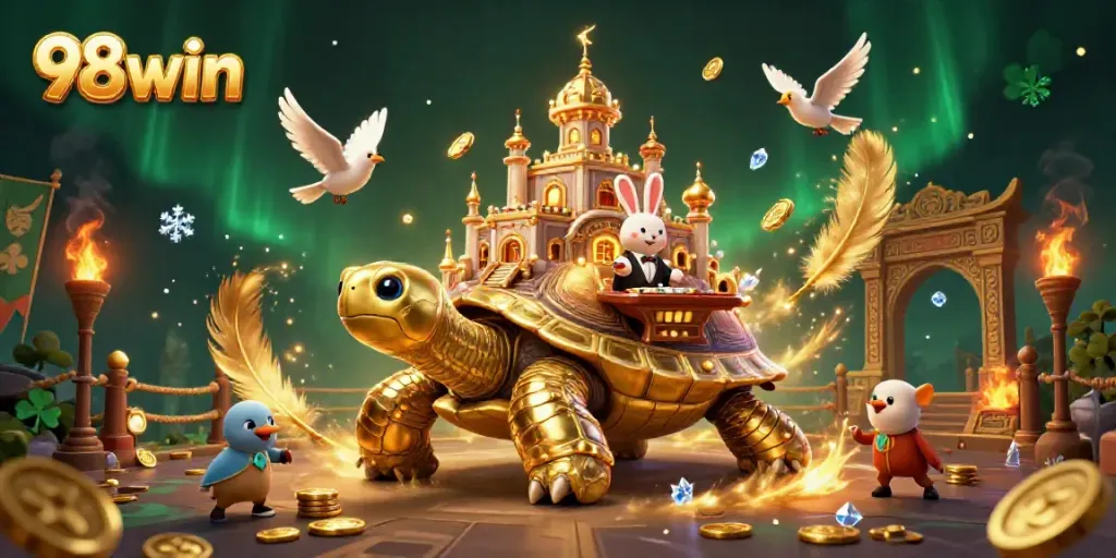 Experience the vibrant world of 98win, highlighting a golden tortoise casino with energetic game elements and a rabbit dealer.