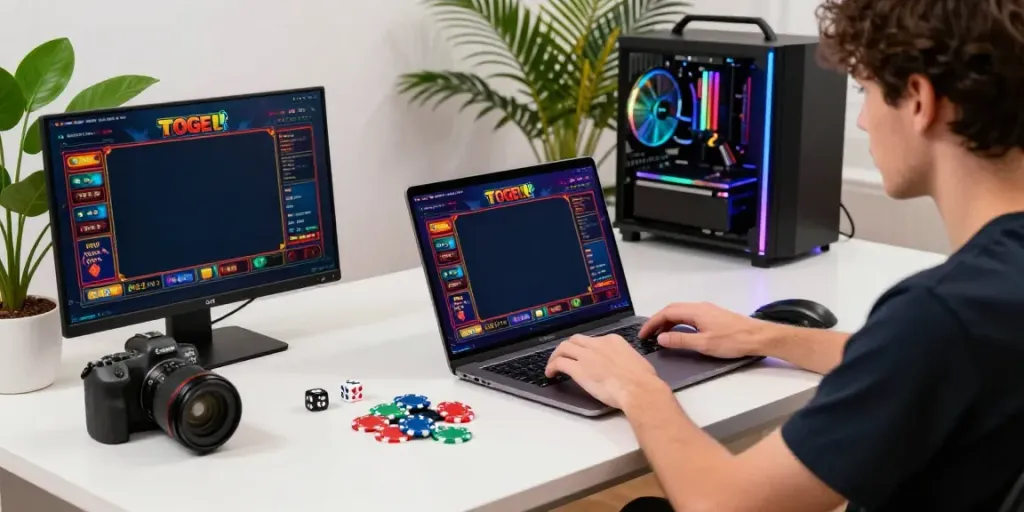 Engaged user betting on togel games online, showcasing colorful graphics and modern setup.