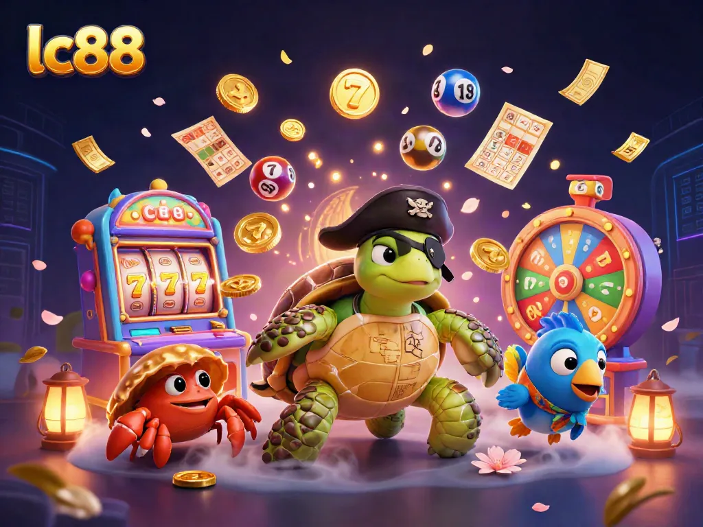 Engage with lc88's vibrant slot scenes featuring a pirate turtle and colorful gaming elements.
