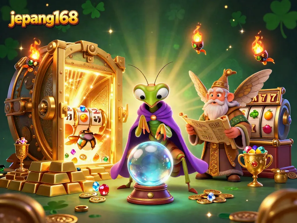 Engage with excitement at jepang168, featuring slot games and vibrant characters in a mystical casino scene.