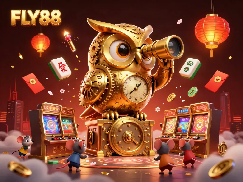 FLY88 captivates with a stunning clockwork owl and vibrant gaming atmosphere in this casino scene.