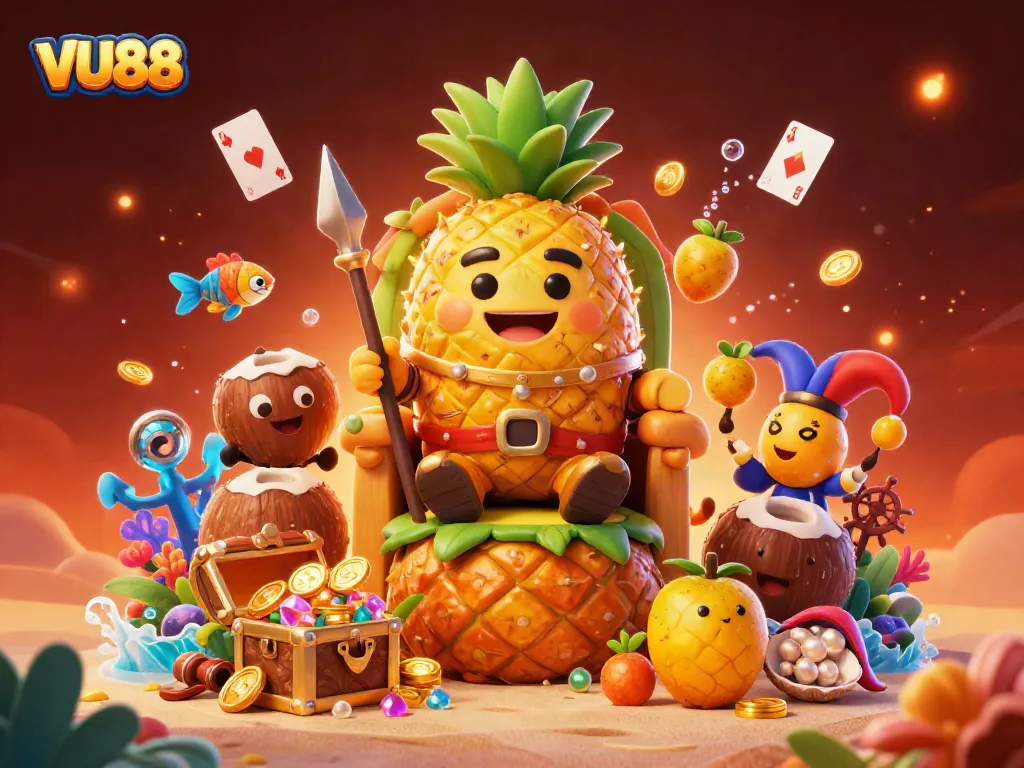Experience the vibrant world of VU88 with a golden pineapple king ruling a beach casino!