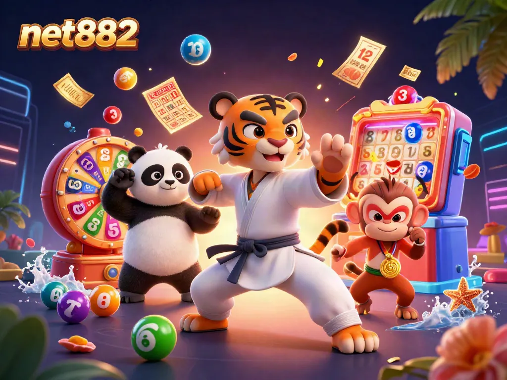 Engage with the fun gaming experience at net882; a kung fu tiger, panda, and monkey among colorful lottery elements.