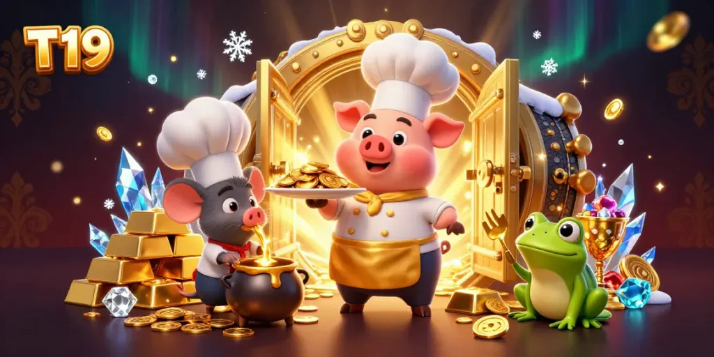 Experience the excitement at T19 with chef pig serving gold coins amidst treasures in a vibrant 3D illustration.
