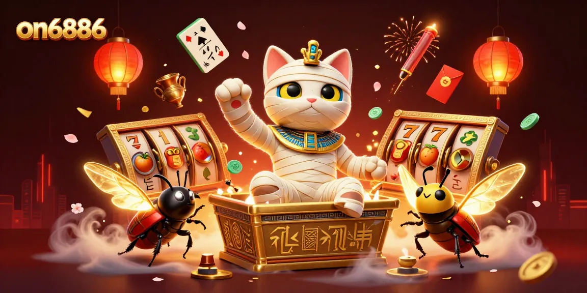 Engage with on6886's vibrant pyramid casino illustration featuring a cartoon mummy cat and casino symbols.