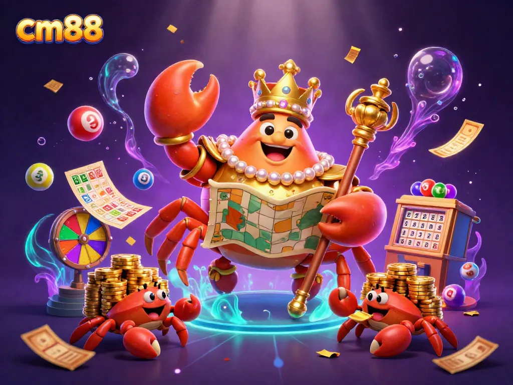 Experience thrilling gameplay with cm88 and a golden crab emperor surrounded by dynamic lottery elements.