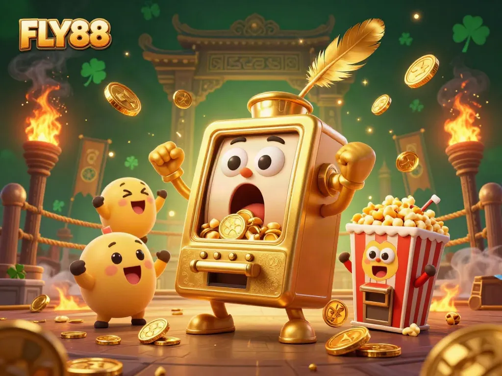 Experience the excitement of FLY88 as a golden slot machine hits a jackpot amid cheering machines, creating a rich casino atmosphere.