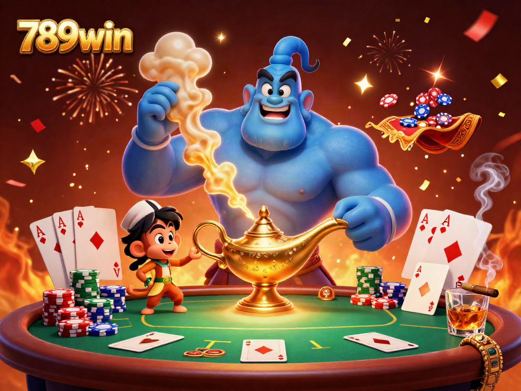 Experience the magic of gambling with 789win, featuring a genie, poker chips, and vibrant casino elements.