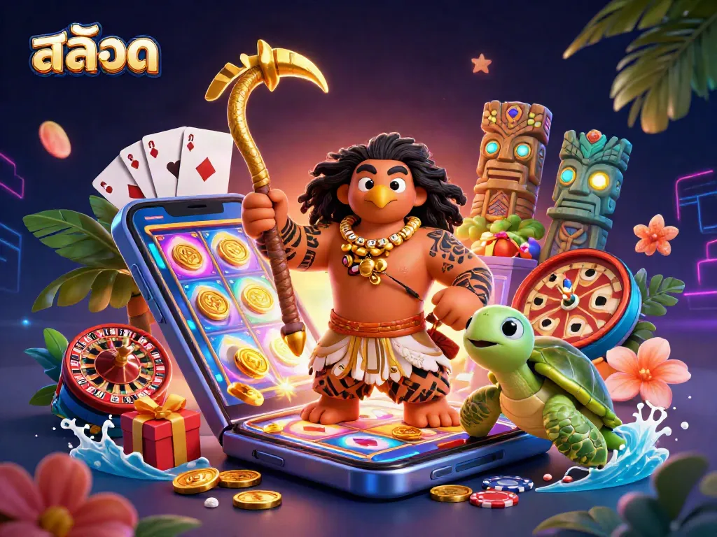 Experience exciting สล็อต gameplay with a colorful smartphone displaying vibrant reels, surrounded by iconic casino symbols.