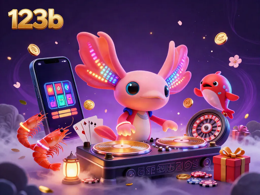 Experience the vibrant 123b gaming world with an energetic axolotl DJ spinning exciting casino games.