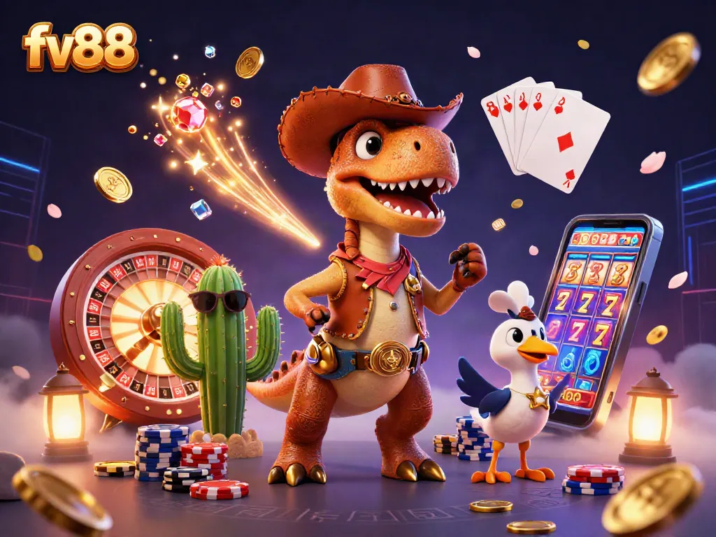 Join thrilling action at fv88 casino with a cartoon T-Rex and friends amidst coins and roulette.