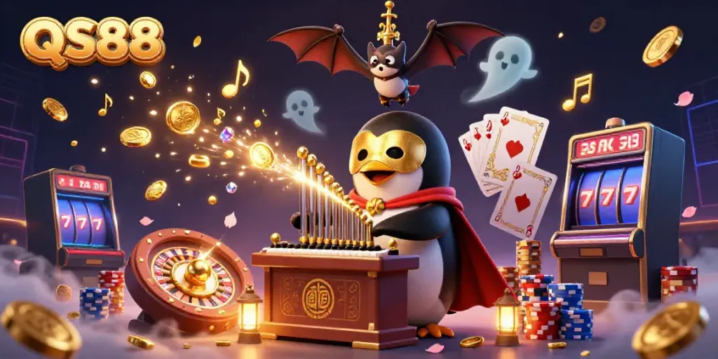 Experience excitement at QS88 with golden coins and festive casino elements in an engaging scene.