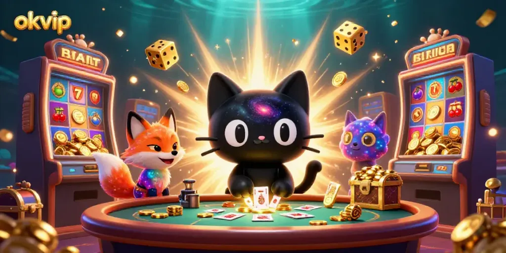 Engage in exciting casino action with okvip's cosmic black hole cat and nebula fox companions.