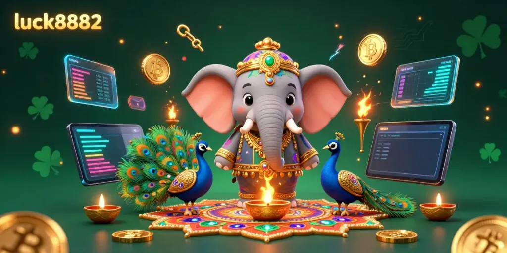 Experience exhilarating gaming with luck8882 on an ultra-detailed 3D depiction of an elephant and crypto coins.