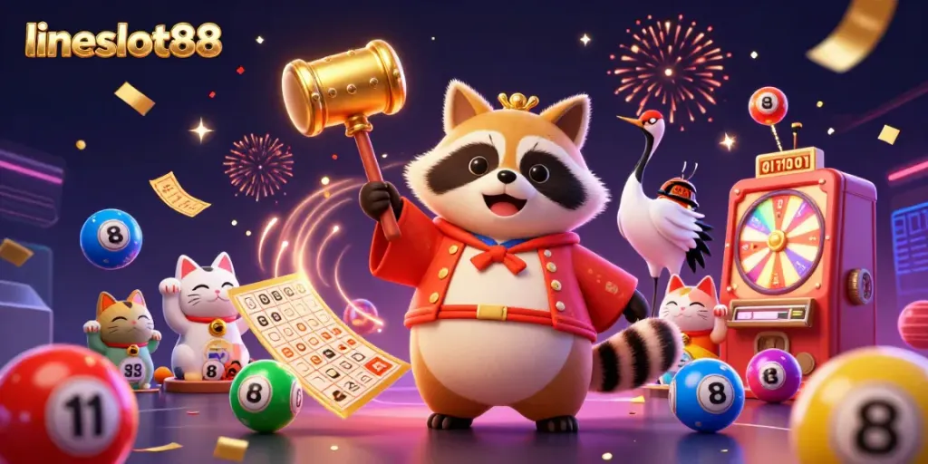 Engage with lineslot88's vibrant casino scene featuring lucky tanuki and dynamic lottery elements.