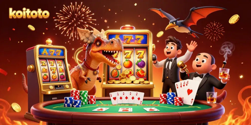 Koitoto menghadirkan suasana kasino dengan dinosaur dan mesin slot, menawarkan pengalaman bermain yang seru.