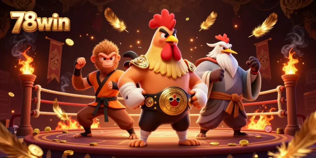 Engage with 78win's dynamic casino scene featuring a rooster, monkey, and crane amidst dazzling elements.