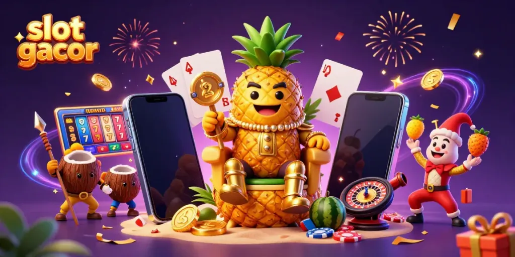 Permainan slot gacor dengan raja nanas emas dan karakter menarik di kasino pantai.