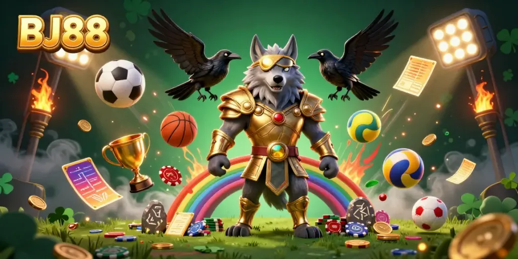 BJ88 tiger wolf surrounded by casino elements, depicting thrilling sports betting action.