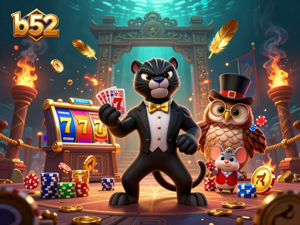 Engage with the exciting b52 slots experience with a stylish black panther, owl, and lucky mouse in a vibrant casino.
