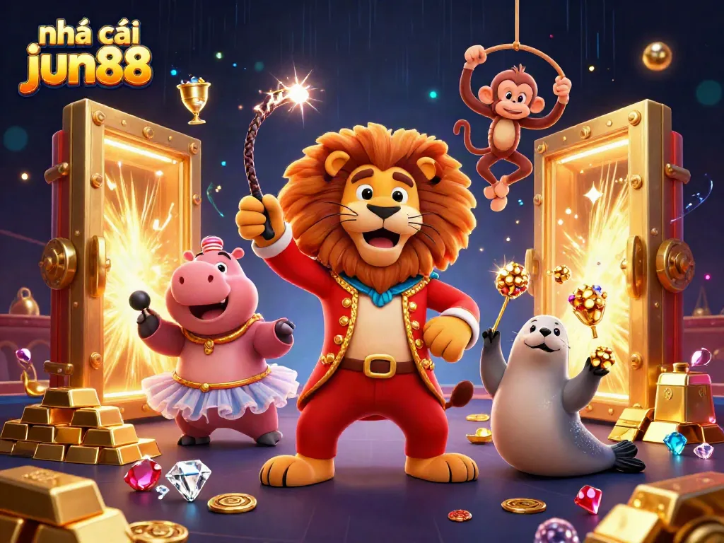 Experience the vibrant energy of nhà cái jun88's online casino with a 3D circus theme illustration.