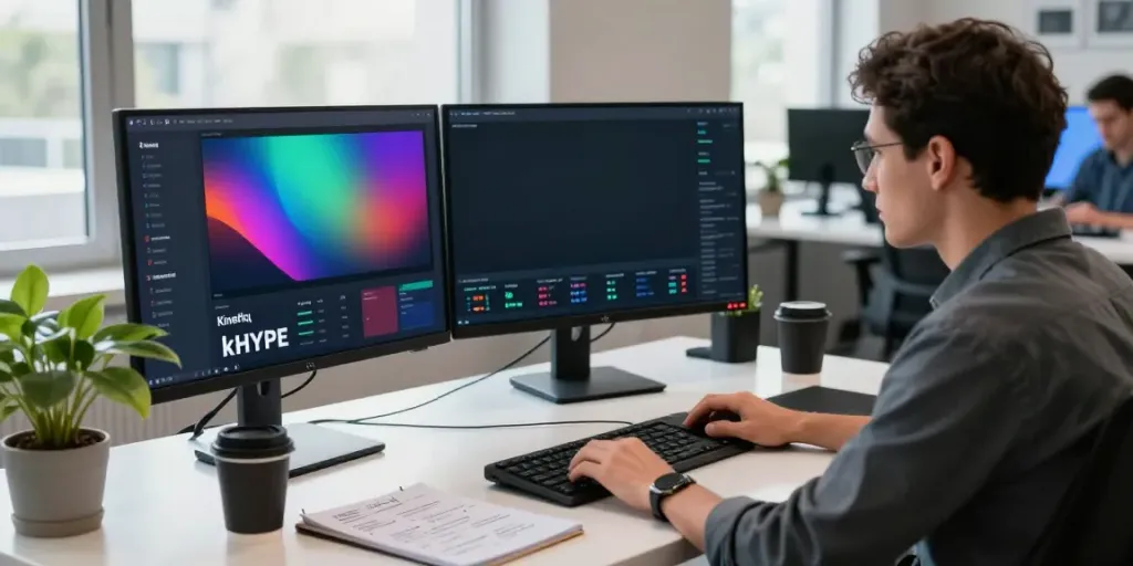 Kinetiq crypto developer in a modern workspace analyzing staking data on dual monitors.