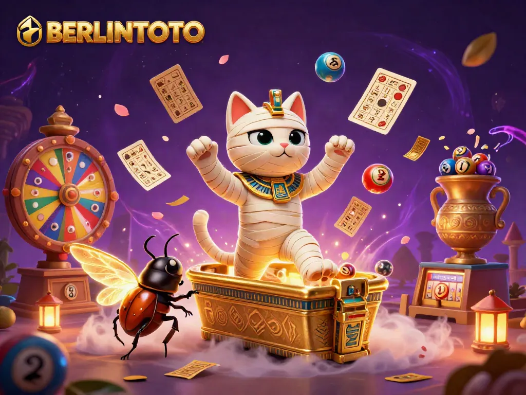 Experience BERLINTOTO's thrilling atmosphere with a mummy cat in a pyramid casino, surrounded by dynamic lottery elements.